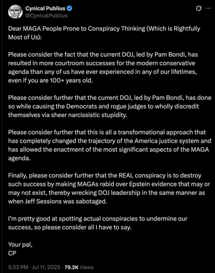 CynicalPublius twitter comment, that Bondi's DOJ has been wildly successful, and that this feud might be fake distraction from that